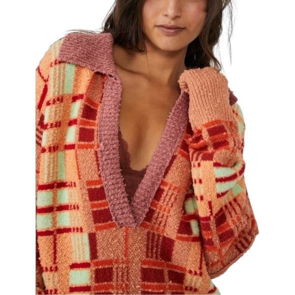 Free People Ruben Oversized Textured Plaid Collared Sweater Boho Pullover M - Picture 6 of 11